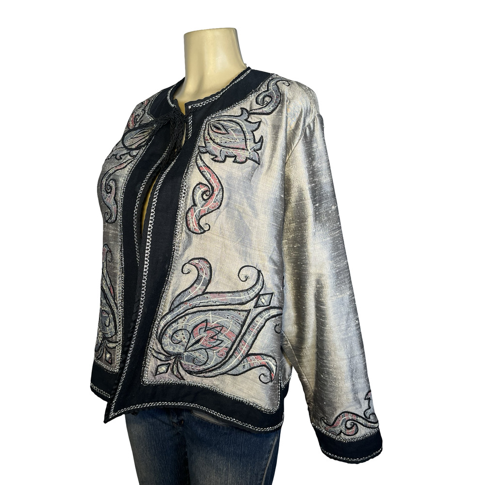 Stephanie Thomas Jacket Womens Large Silver Silk Embroidered Open Front‎ Boho